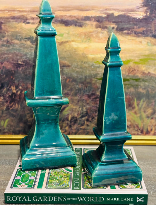 Pair of Green Obelisks small  4.5 x 13 h large  5 x 16 h