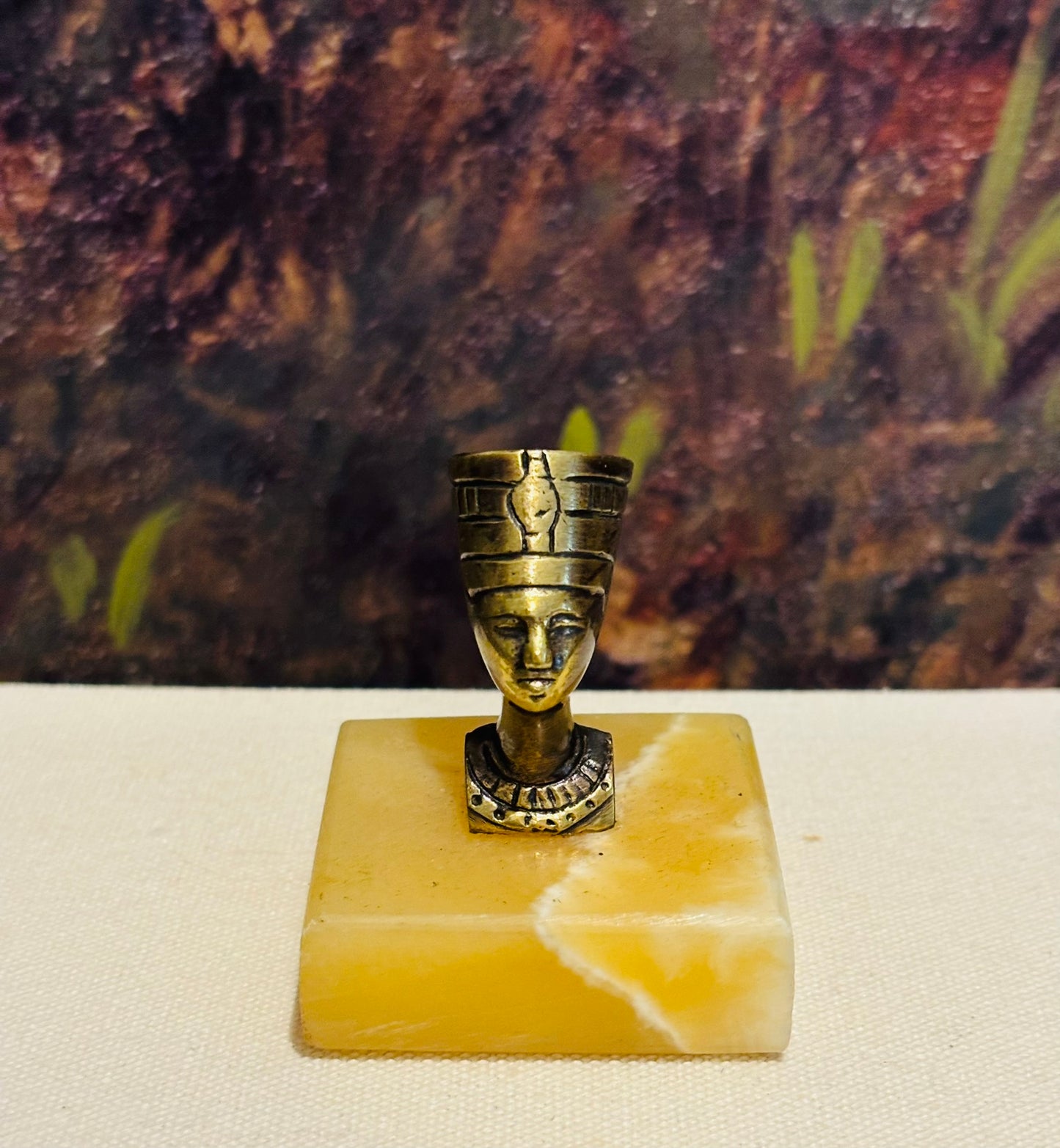Brass Nefertiti Bust on Onyx Base  2.5 w x 2.5 h