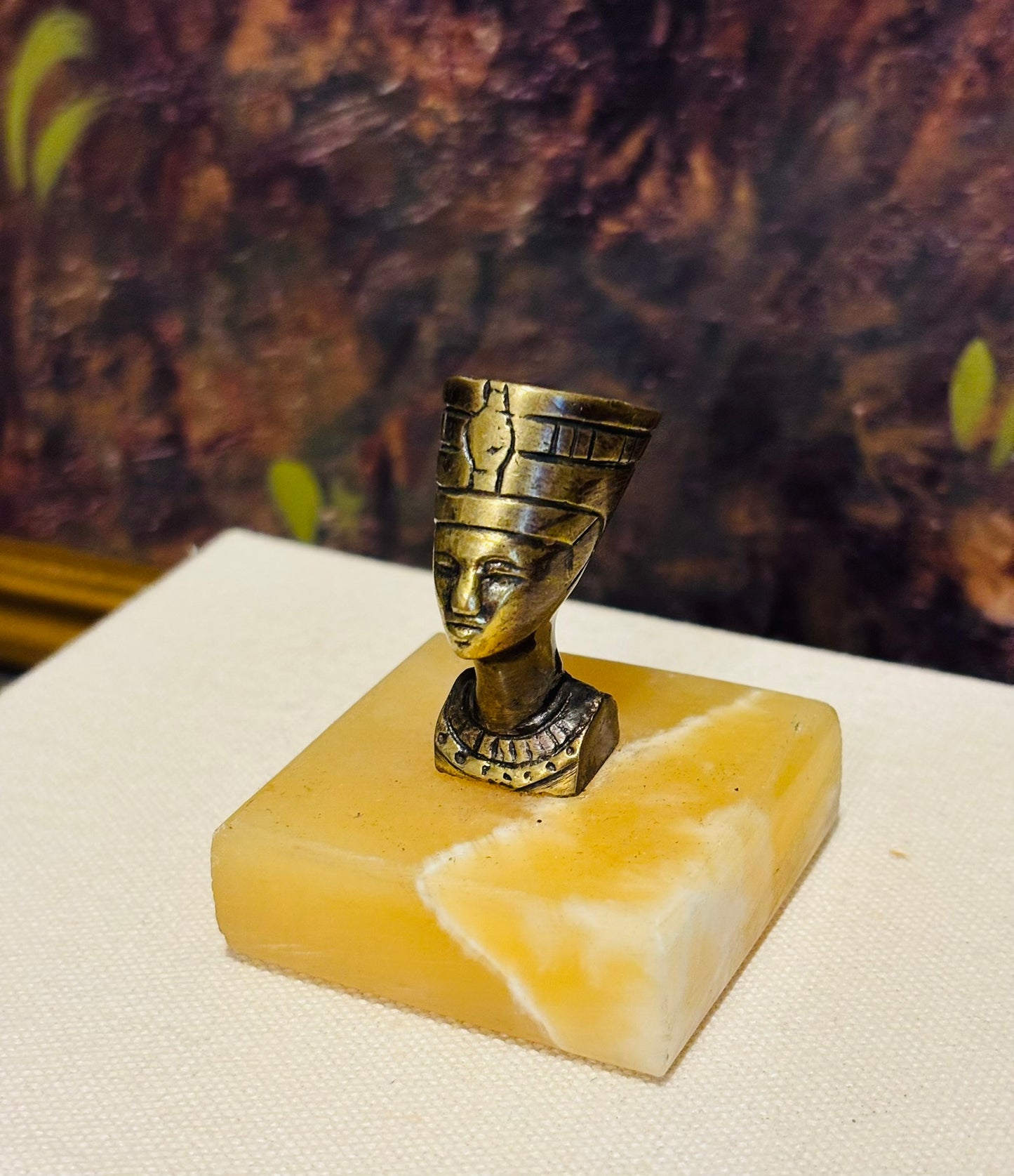 Brass Nefertiti Bust on Onyx Base  2.5 w x 2.5 h