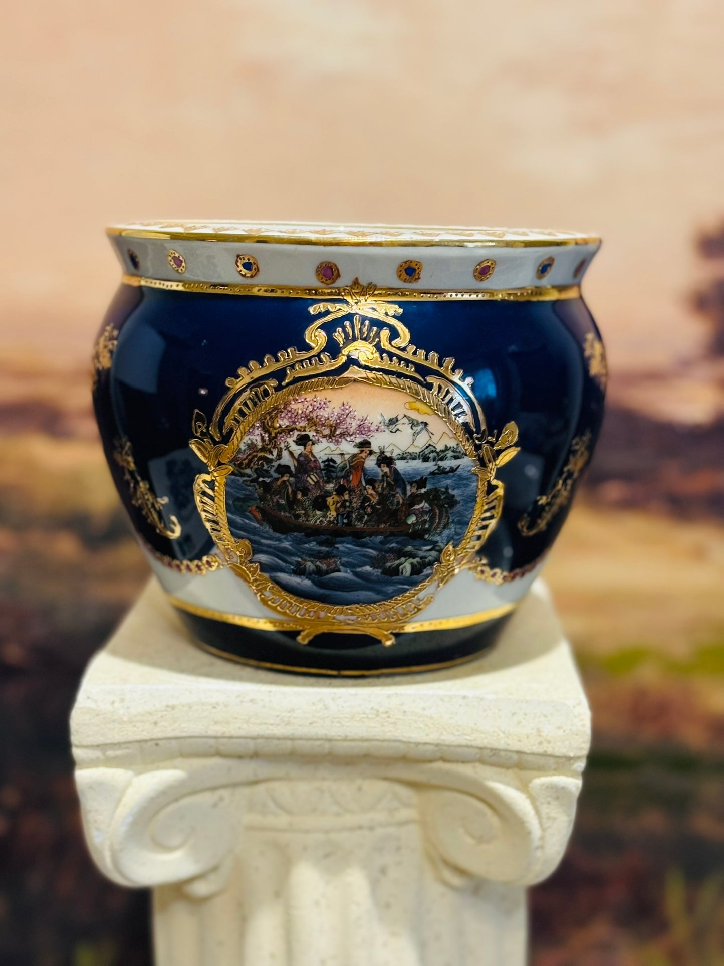 Blue Limoges Fishbowl planter  5.5 h x 6.5 w