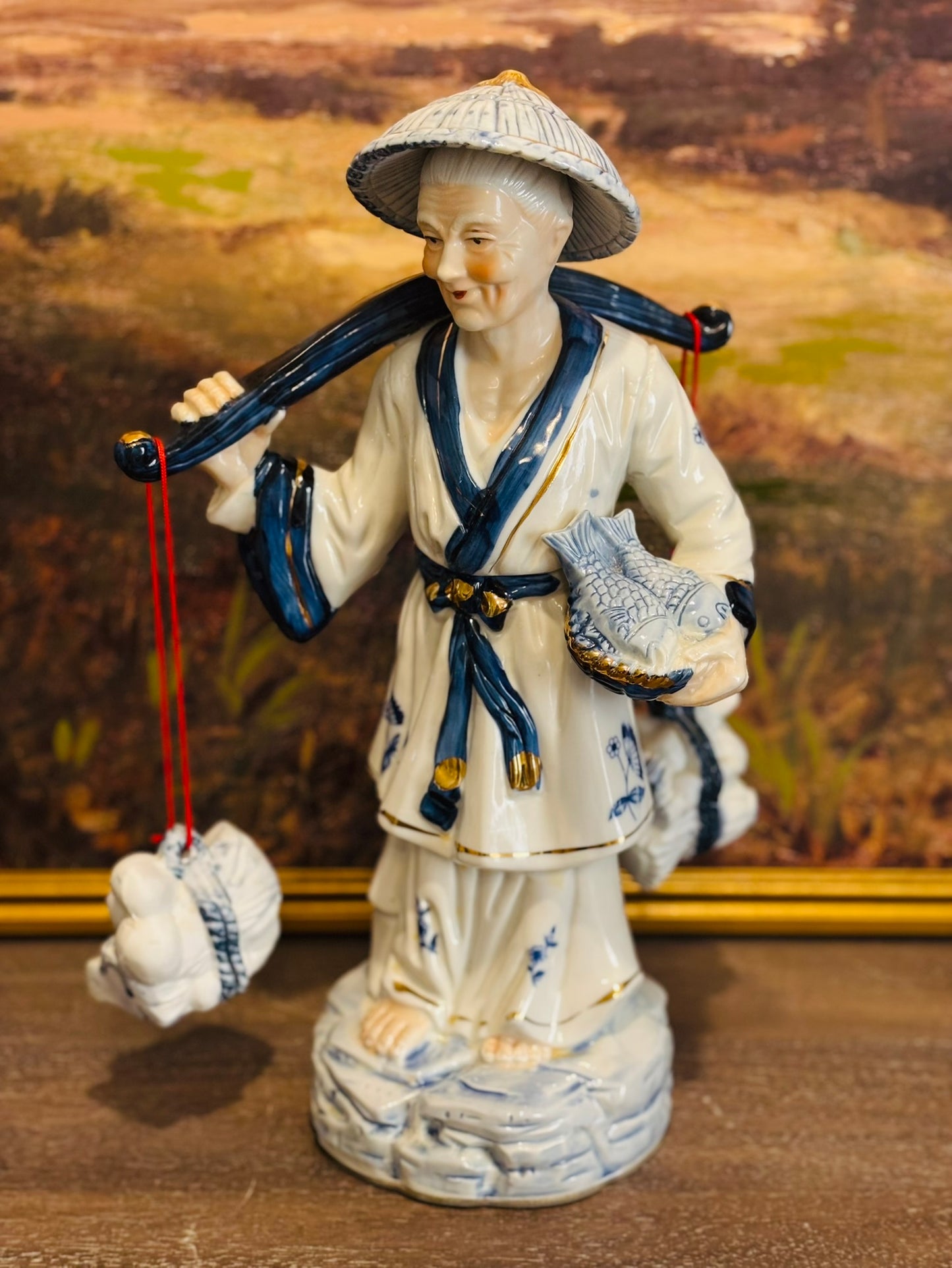 Tall Blue and White Asian Fisherman  15 h 8.5 w 7 d
