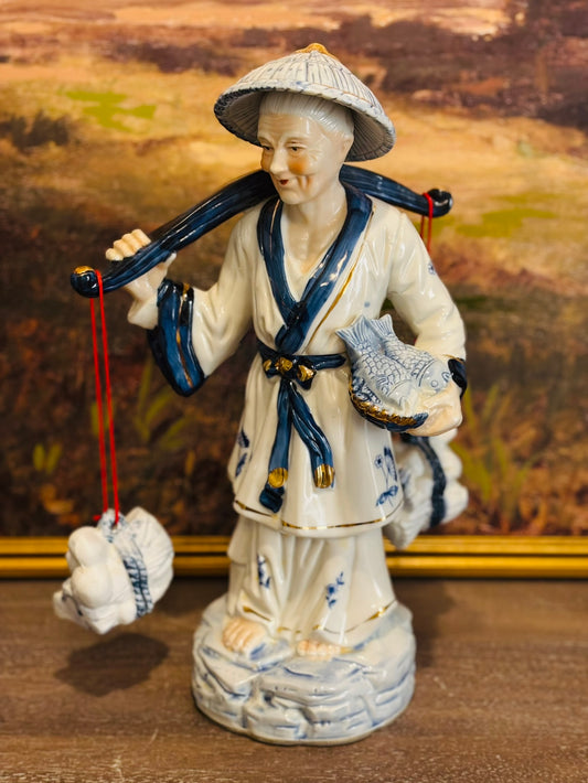 Tall Blue and White Asian Fisherman  15 h 8.5 w 7 d