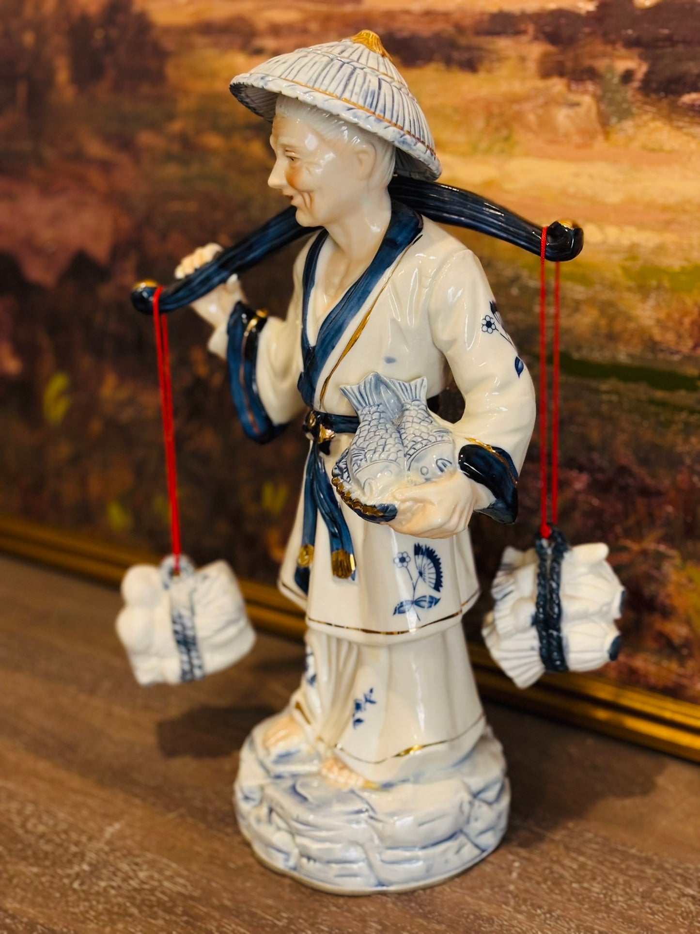 Tall Blue and White Asian Fisherman  15 h 8.5 w 7 d
