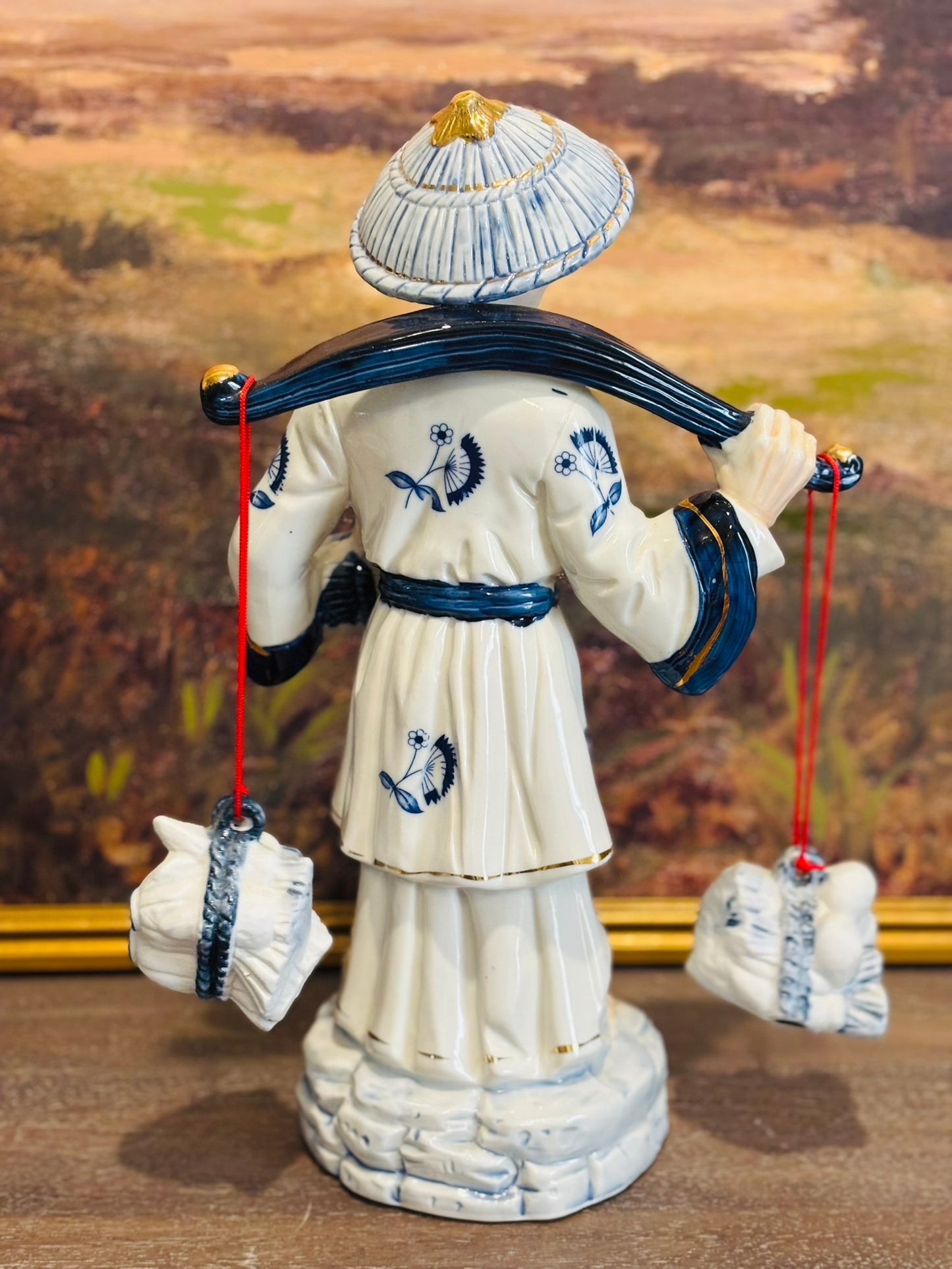 Tall Blue and White Asian Fisherman  15 h 8.5 w 7 d