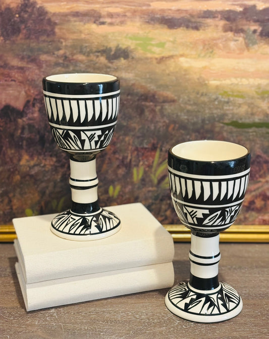 Pair of tall black and white goblets 8.5 h x 4.5 w