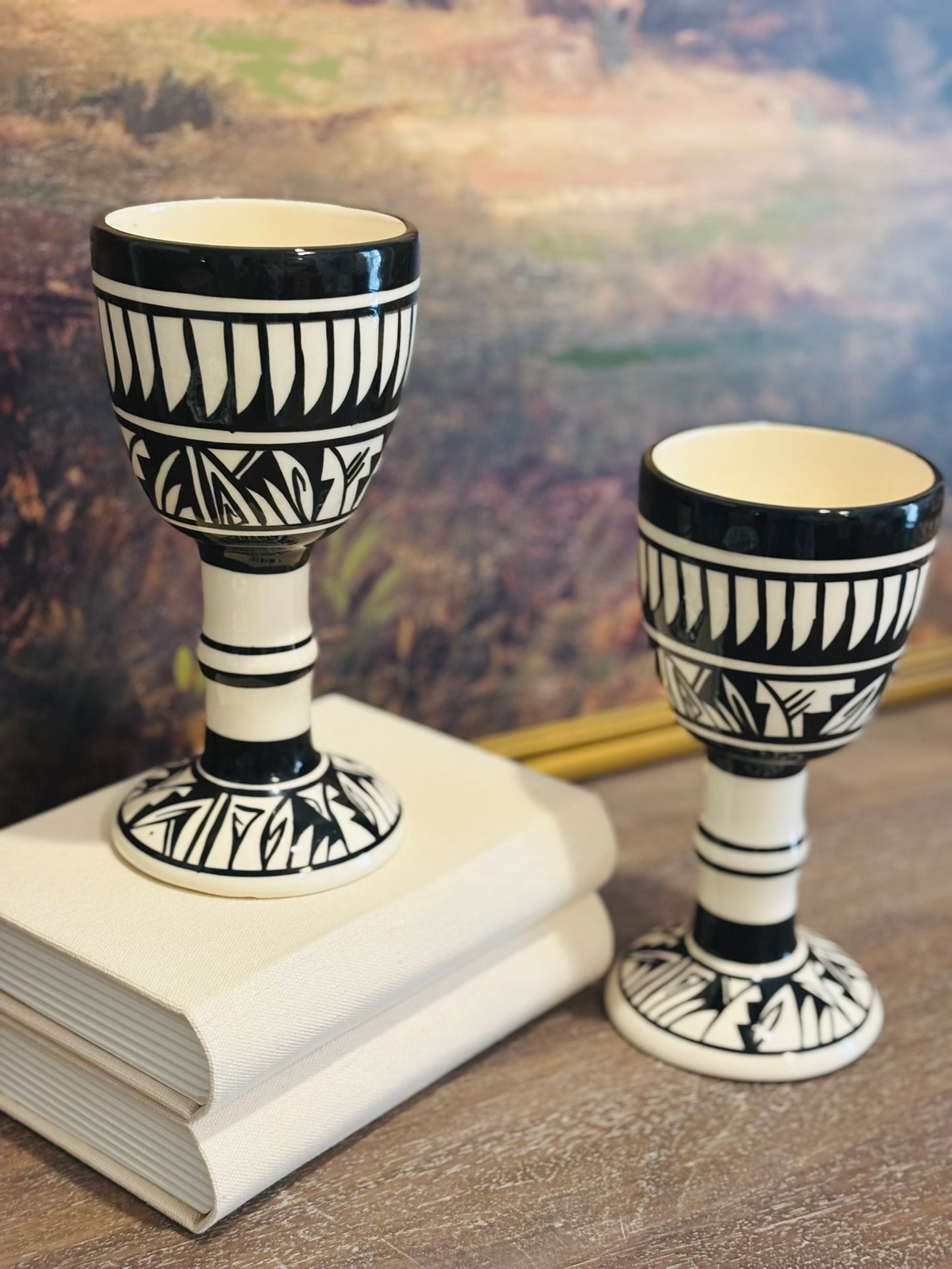 Pair of tall black and white goblets 8.5 h x 4.5 w