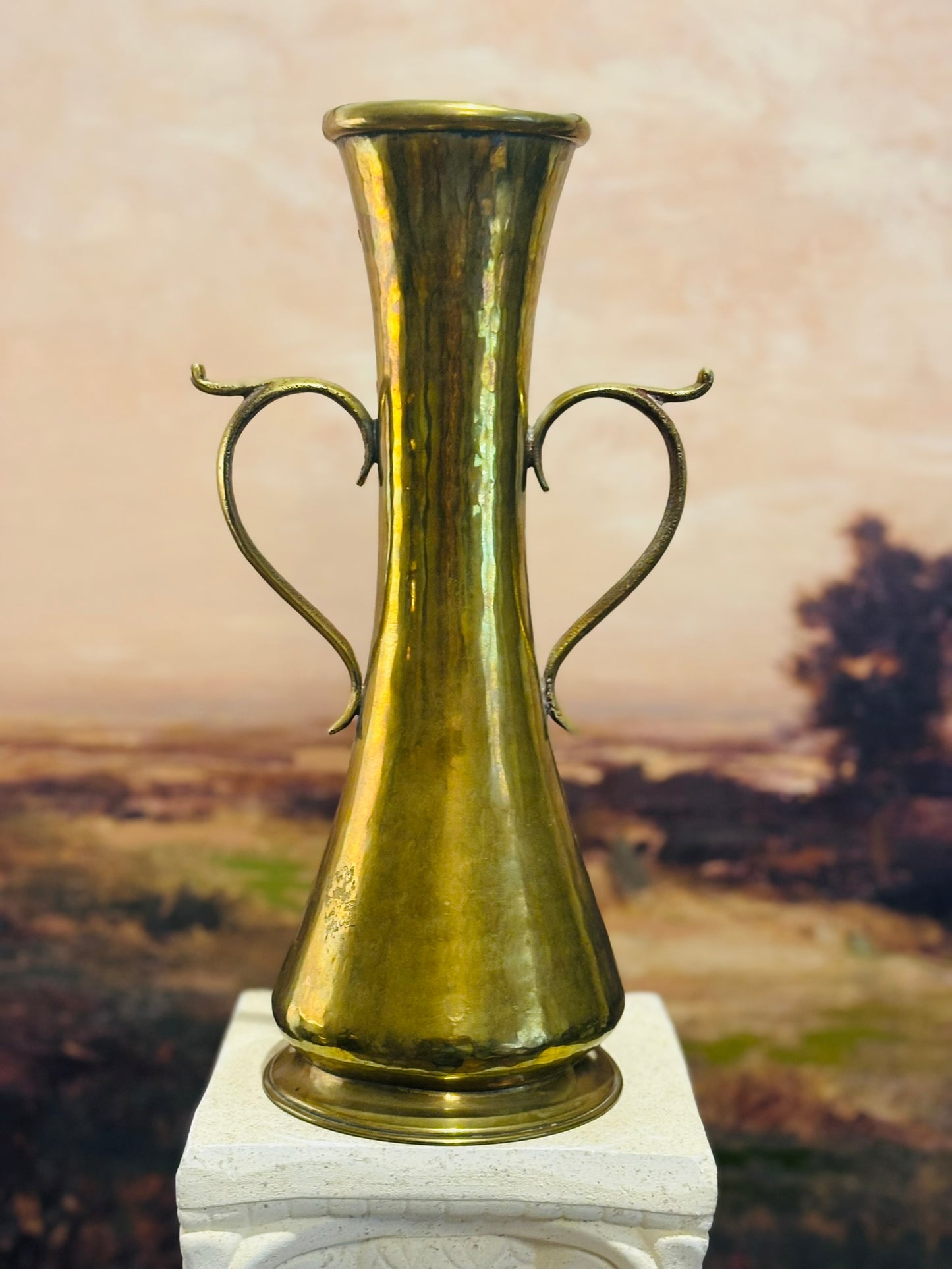 Hammered double handled brass urn vase  12.25 h 6.5 w 4.75 d