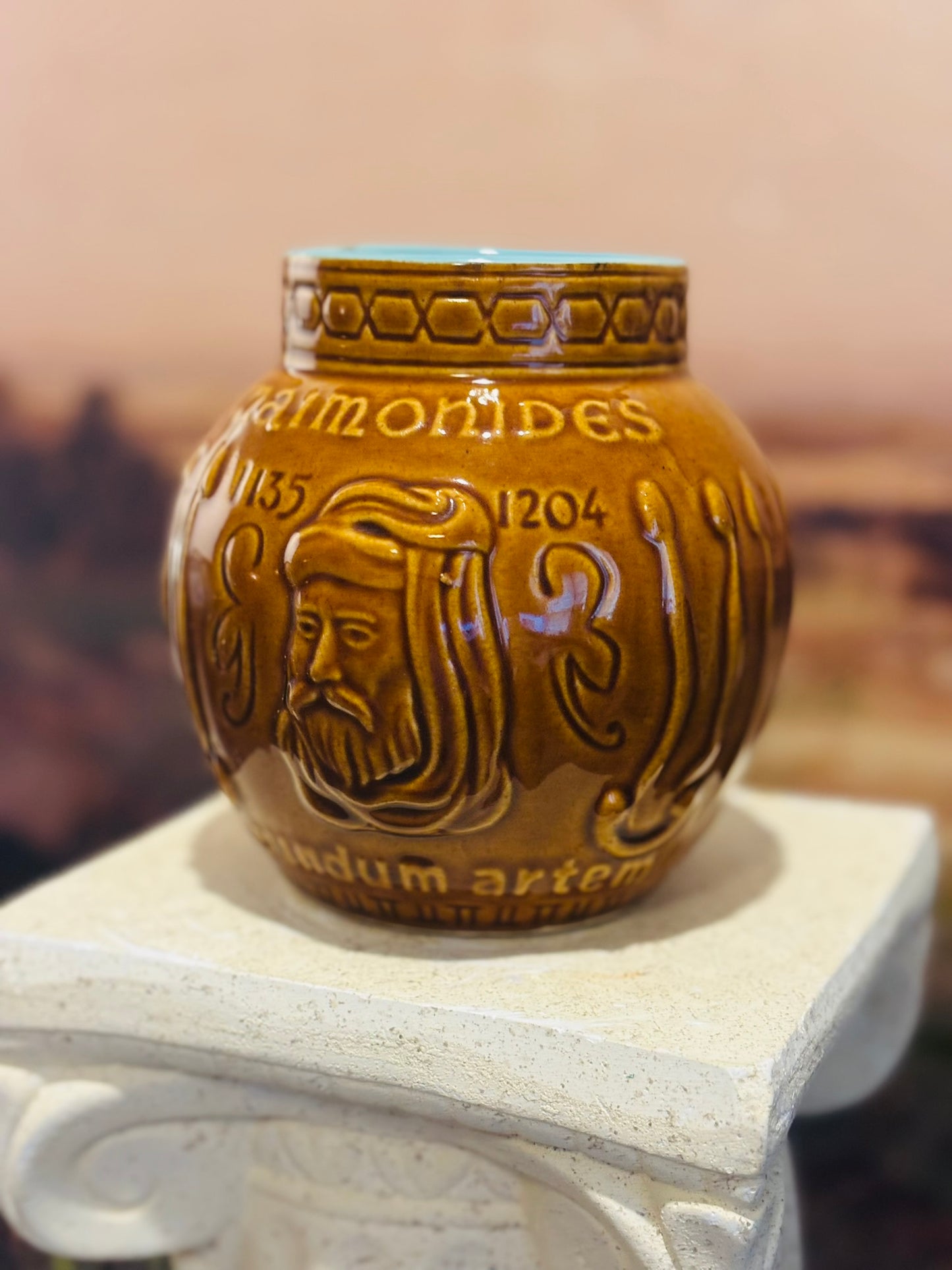 Brown ceramic vase with turquoise inside 5 x 5
