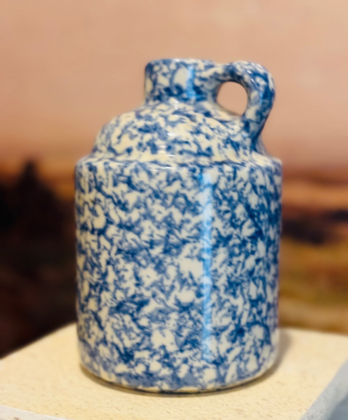Blue and white spongeware jug with handle 4 w/d 6 h