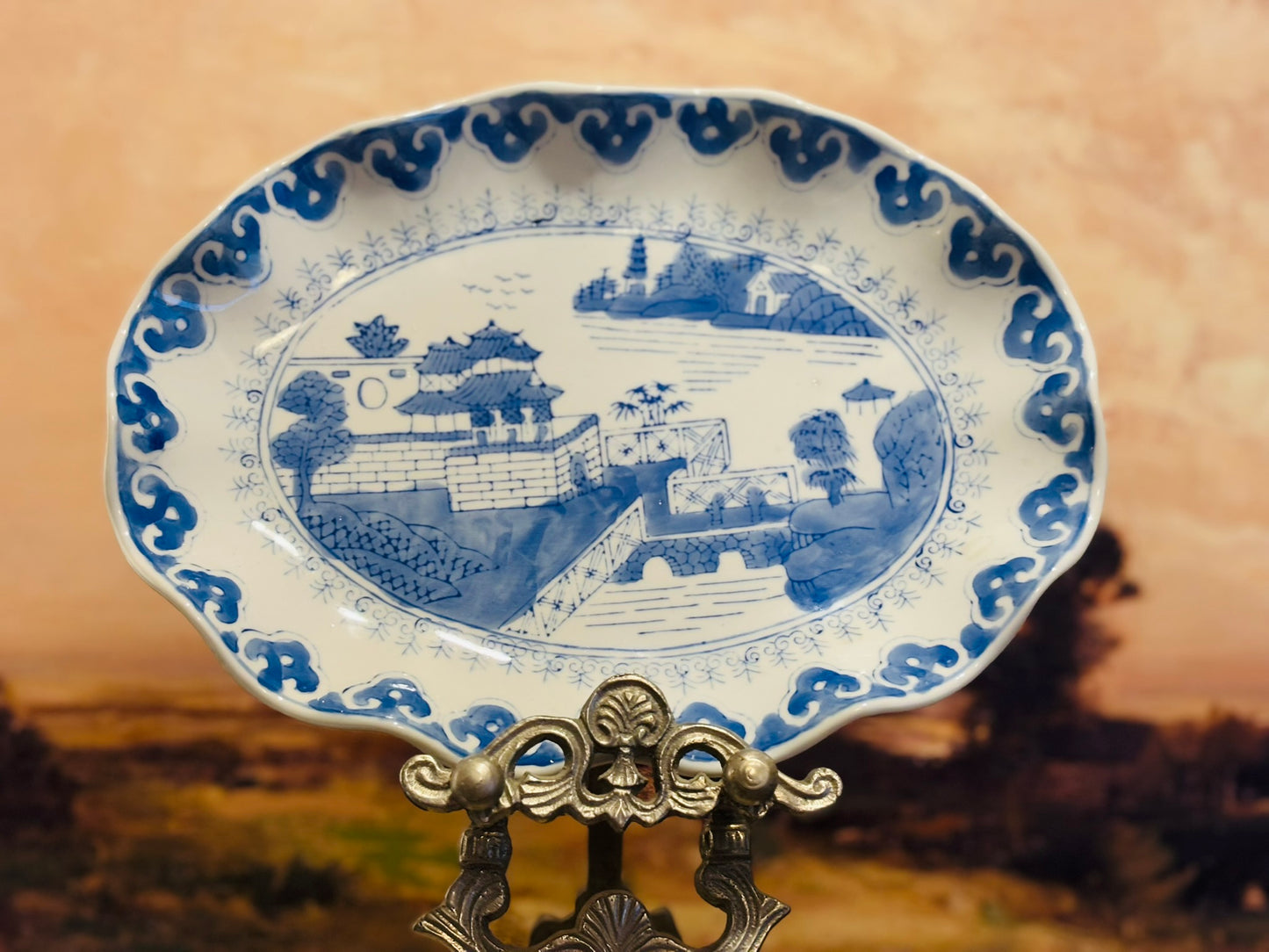 Blue and white scalloped asian platter made in China  11.5 x 8.5 x 1.75