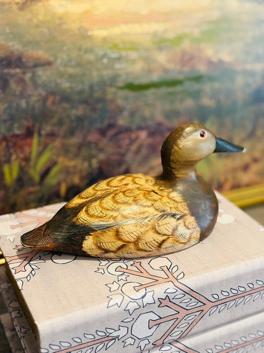 Wooden Canvasback Decoy signed on bottom 1981 9 l 4 h