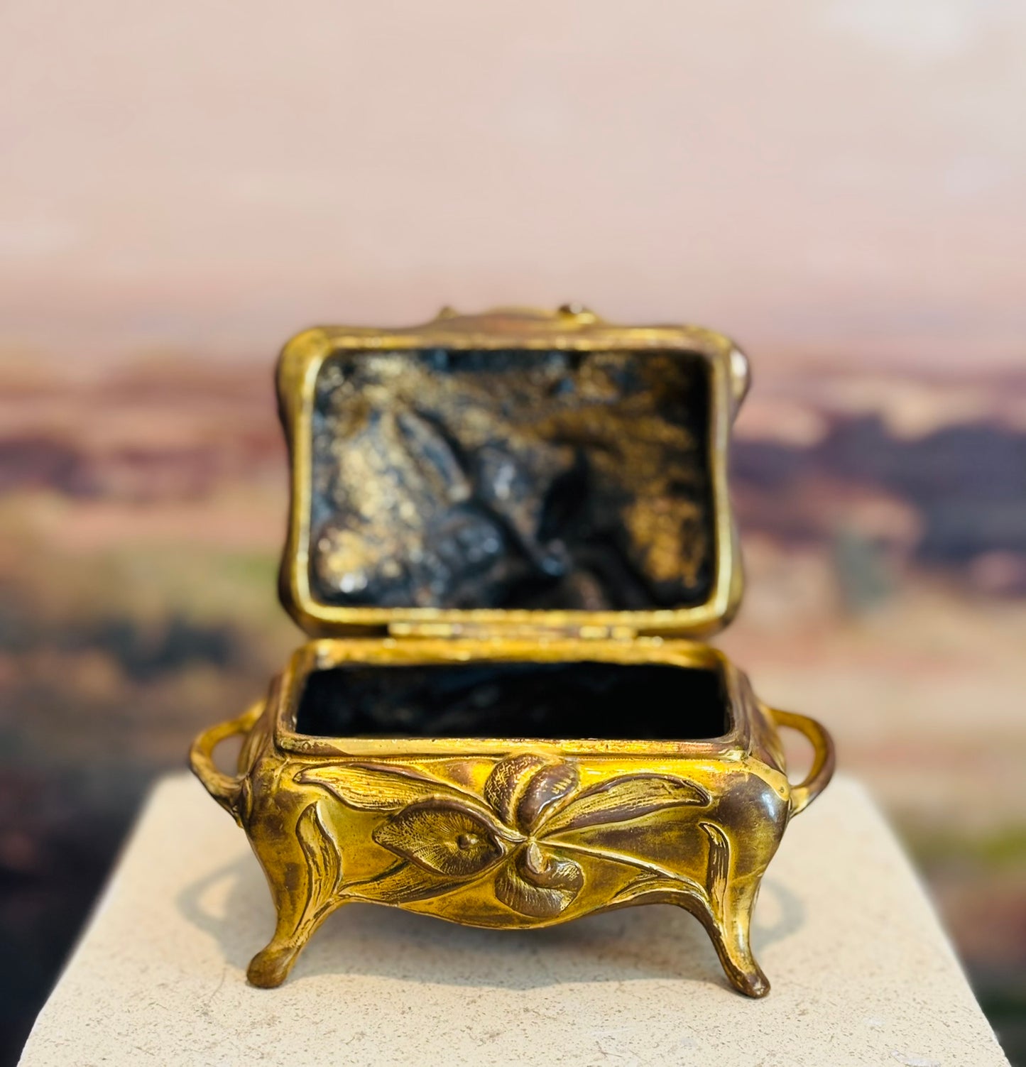 B& W Gold Plated Casket with Flowers and leaves on top 5 l 3.5 h 2.5 w