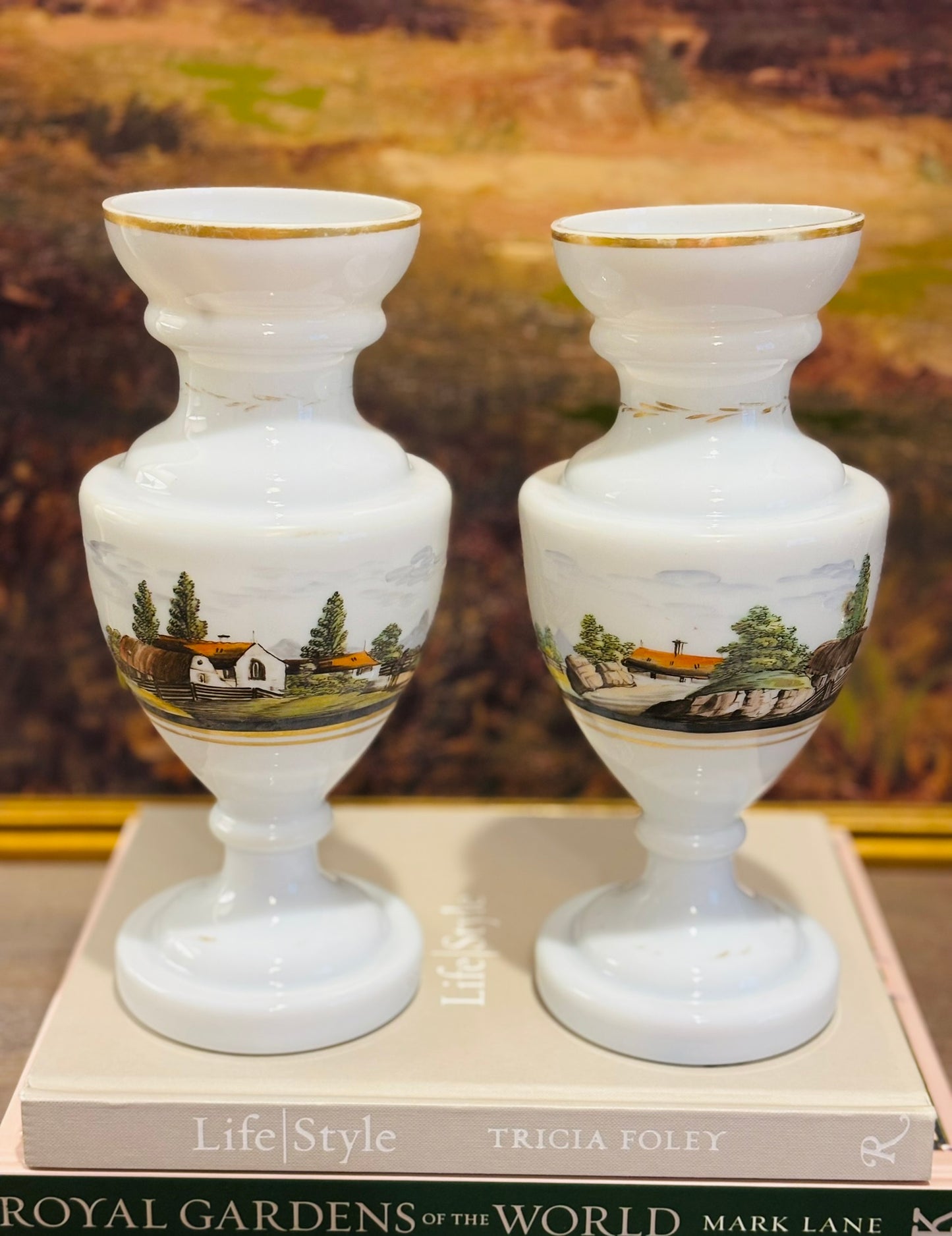 Pair of opaline vases with some wear  9.75 h 4.25 w
