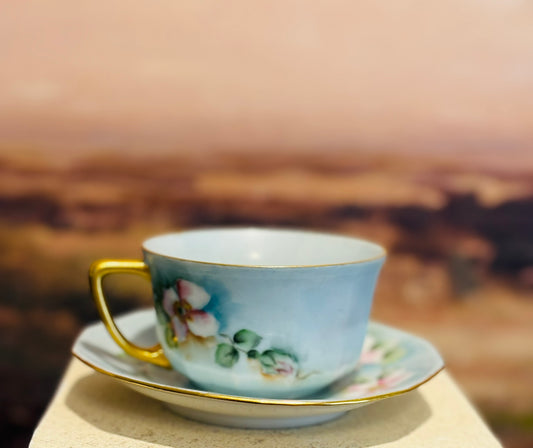 Pair of  Weimar Pink and green floral teacups and saucers