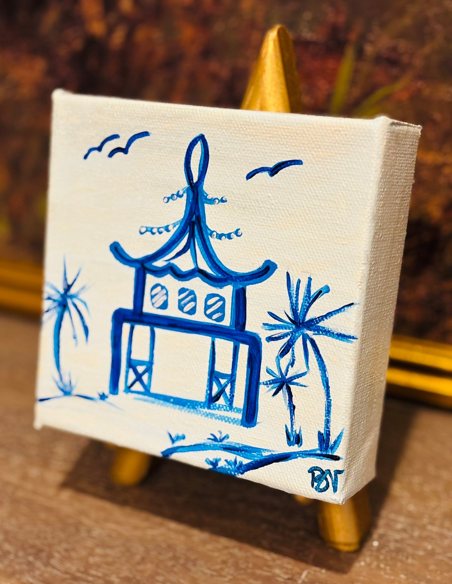 Small blue and white pagoda canvas 5 square