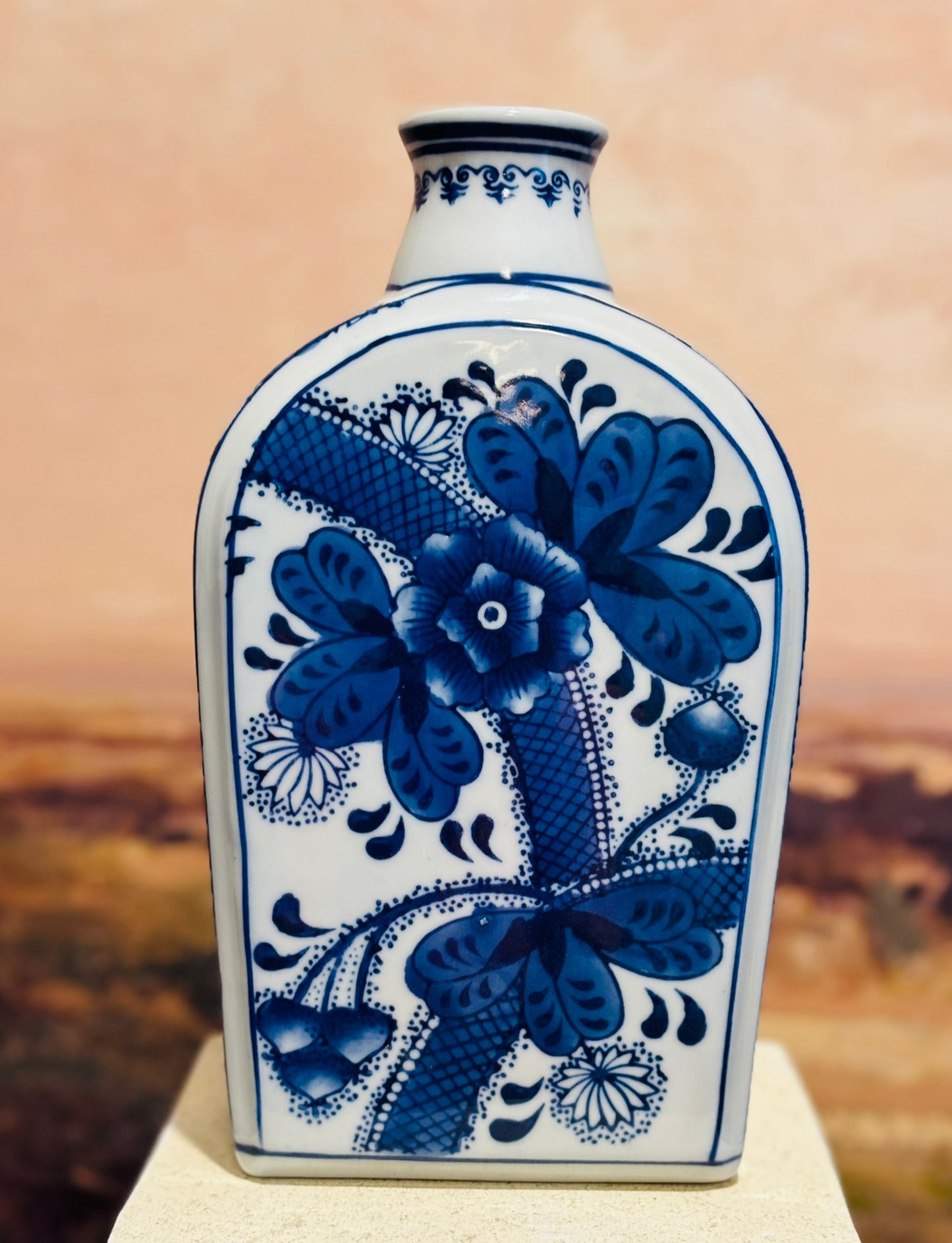 Seymour Mann Blue and White Square Vase 5.25 w 9.25 h
