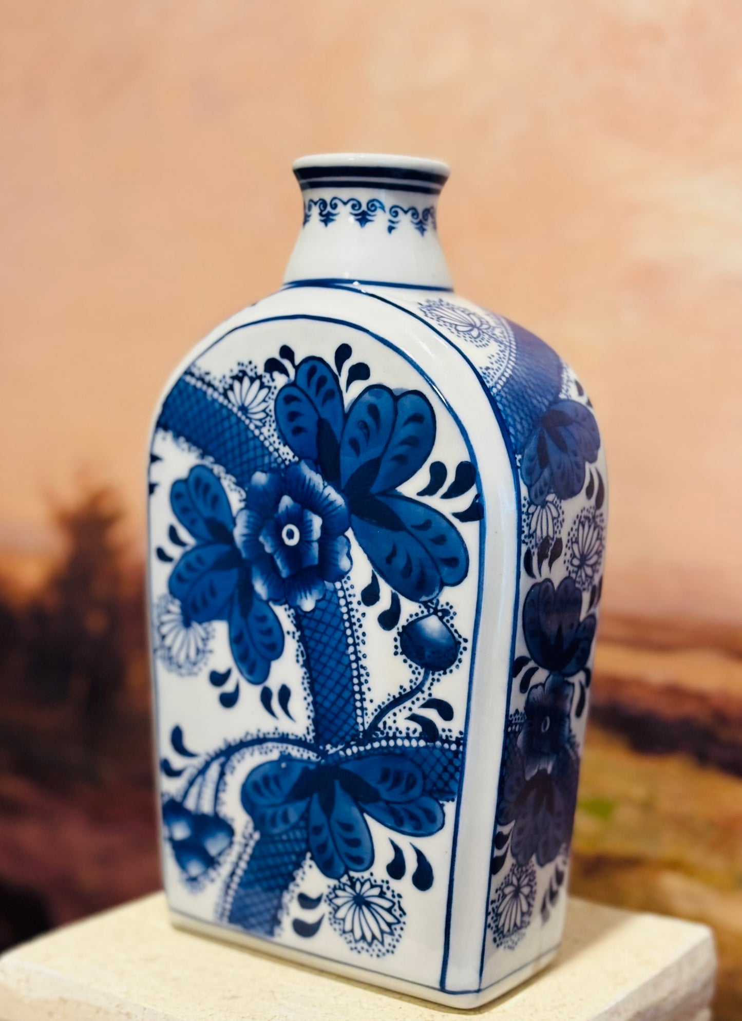 Seymour Mann Blue and White Square Vase 5.25 w 9.25 h