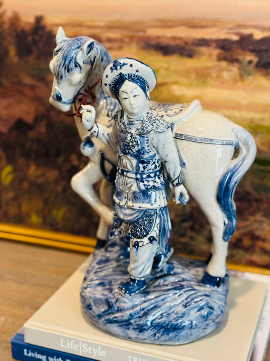 Bombay blue and white horse and figure  10 l 14 h 6.5