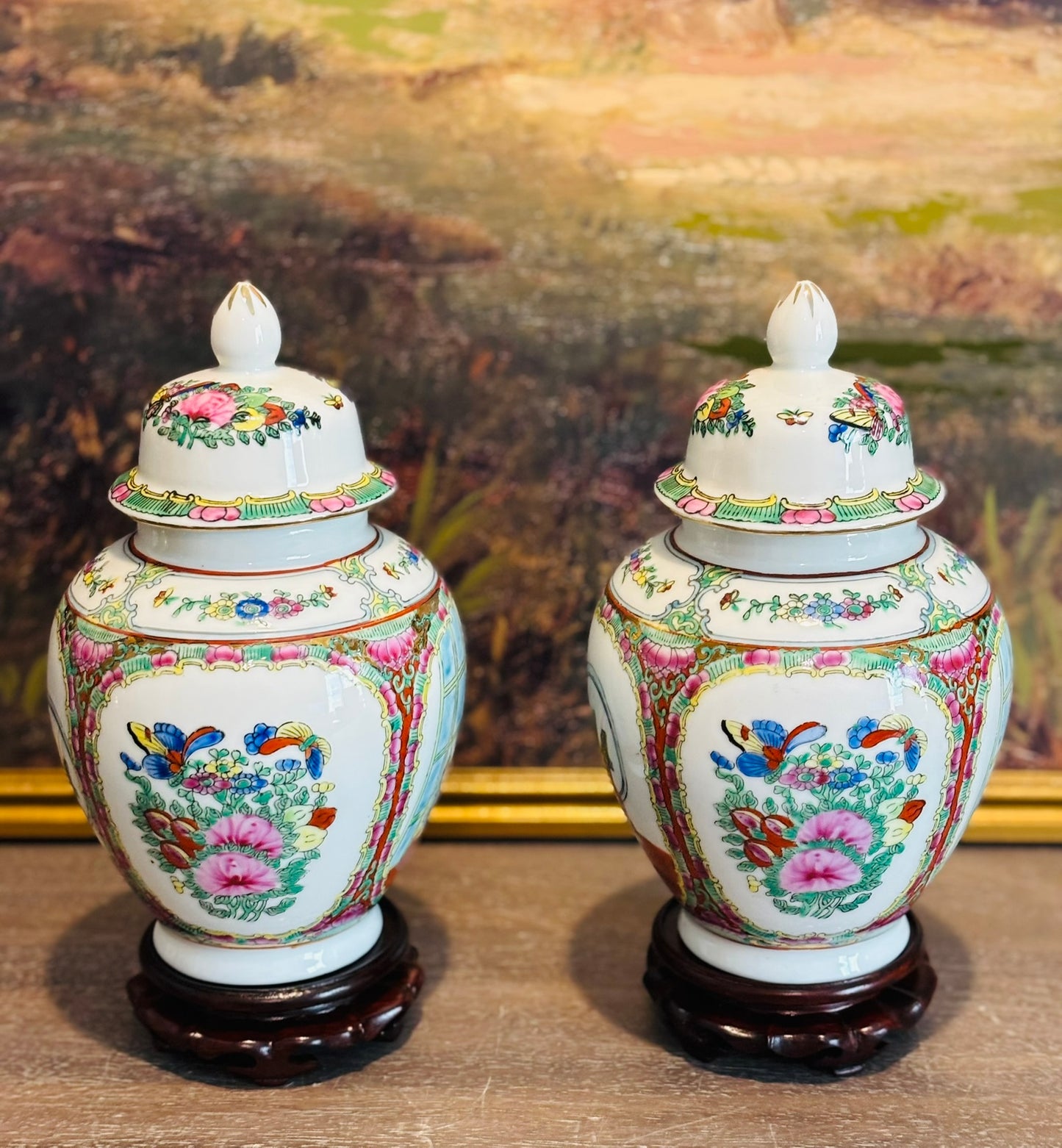 Pair of Rose Medallion ginger jars on stands 10 x 6