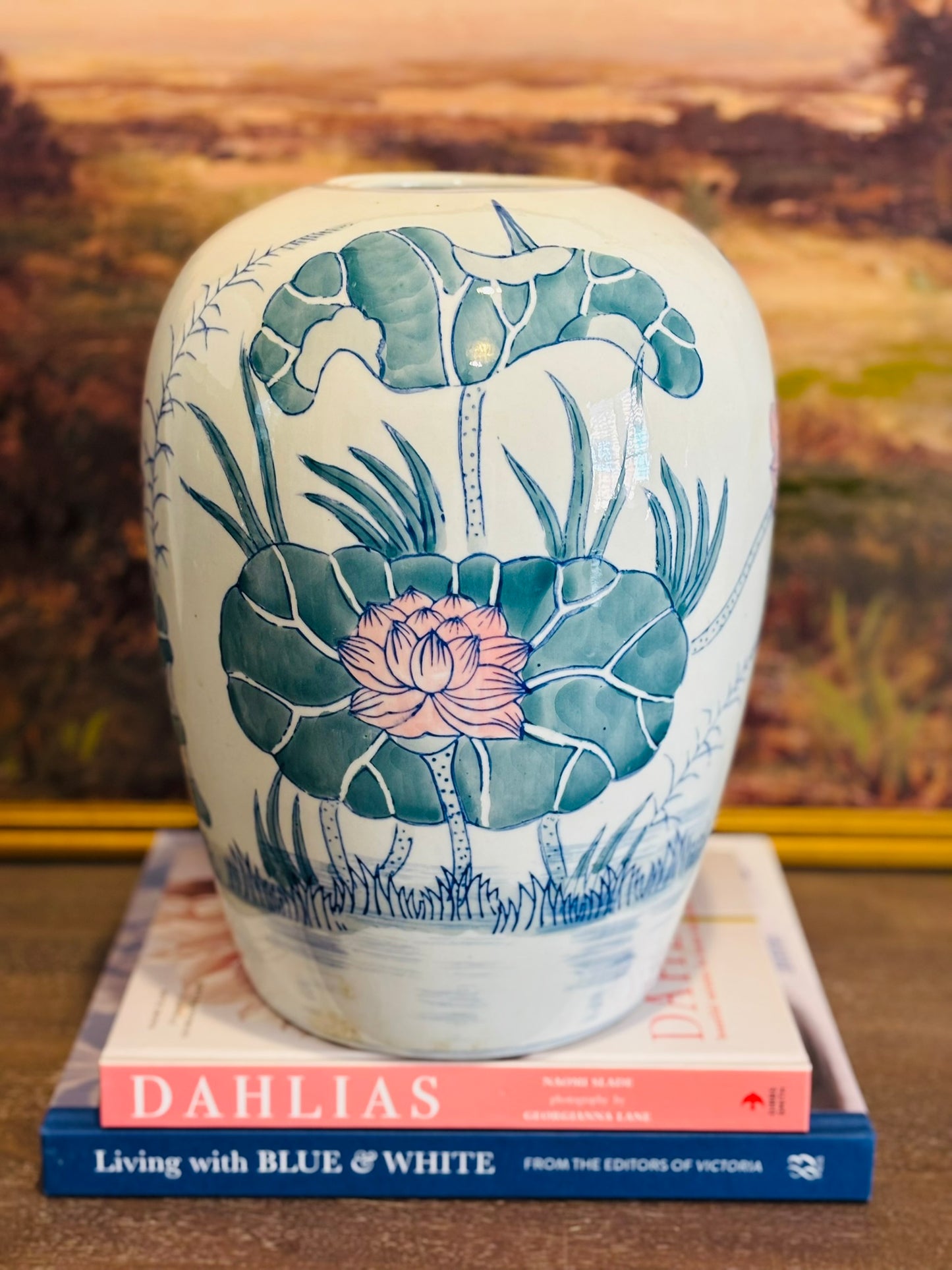 Large pastel ginger jar with no lid 12 x 9
