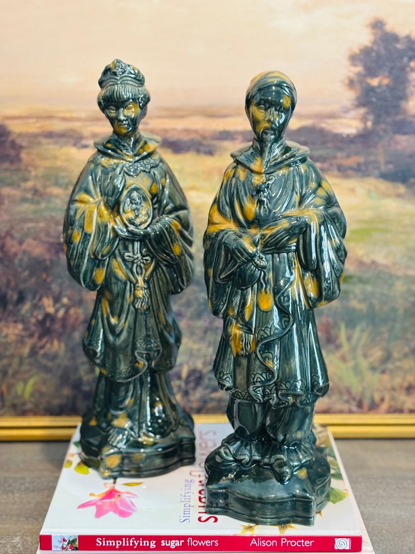 Glazed Tall Green Ceramic Figurines 16 h