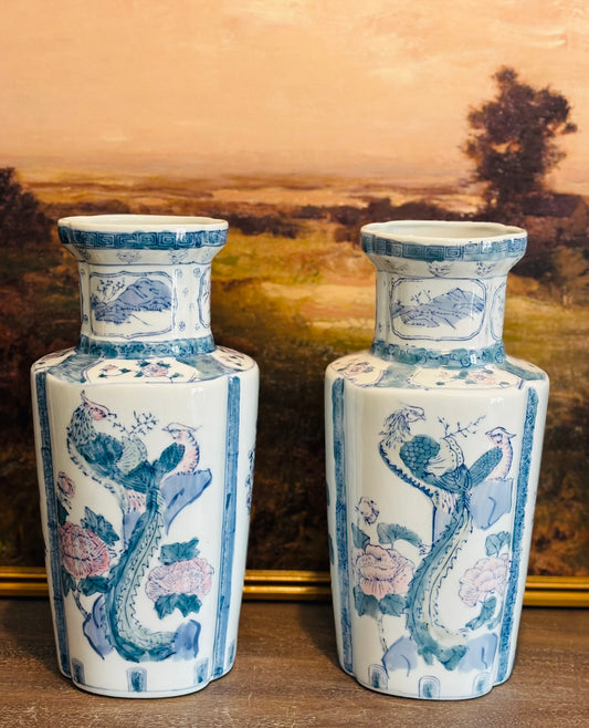 Pair of pastel chinoiserie bird vases  14.5 x 7 each