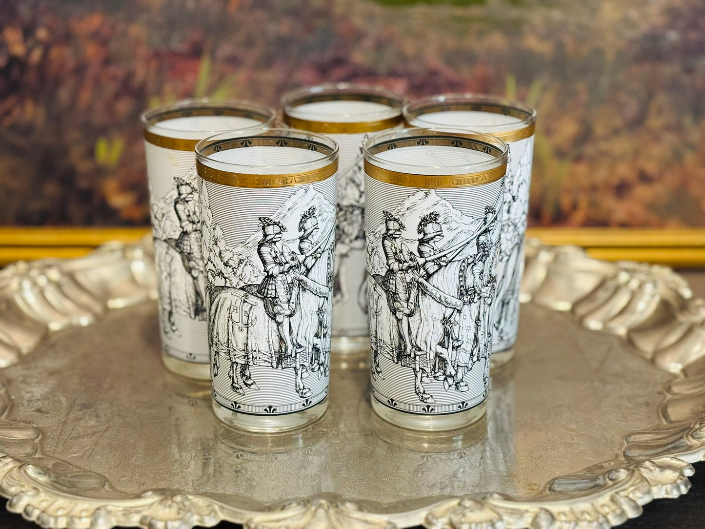 Culver Horse and Chariot Glass Set- 5 tall and 7 tumblers