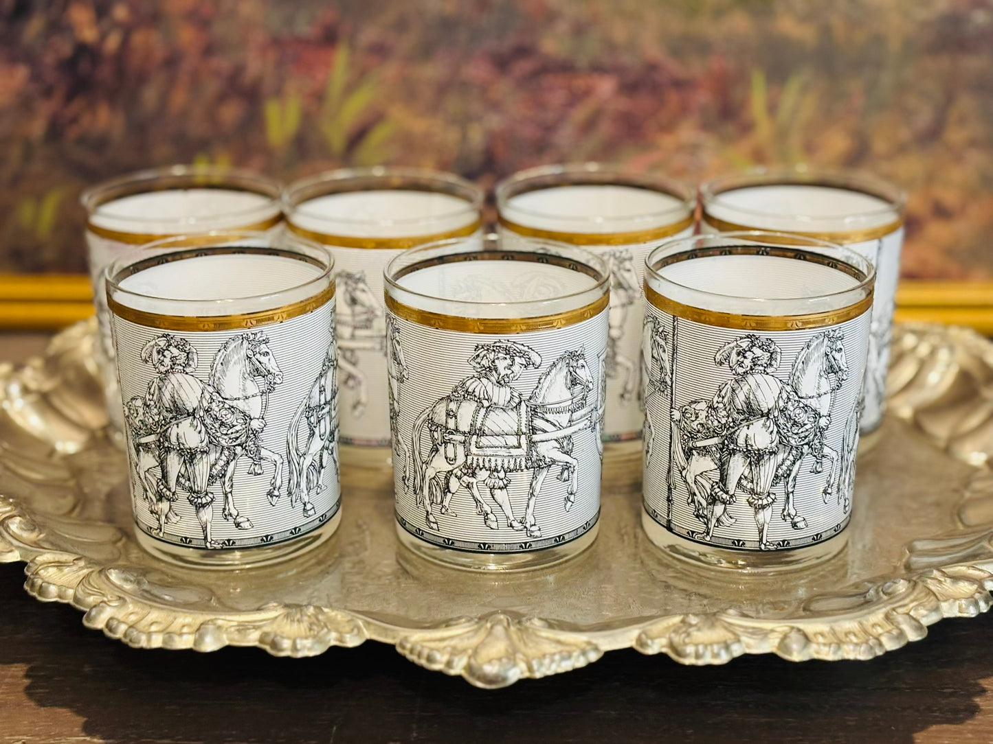 Culver Horse and Chariot Glass Set- 5 tall and 7 tumblers