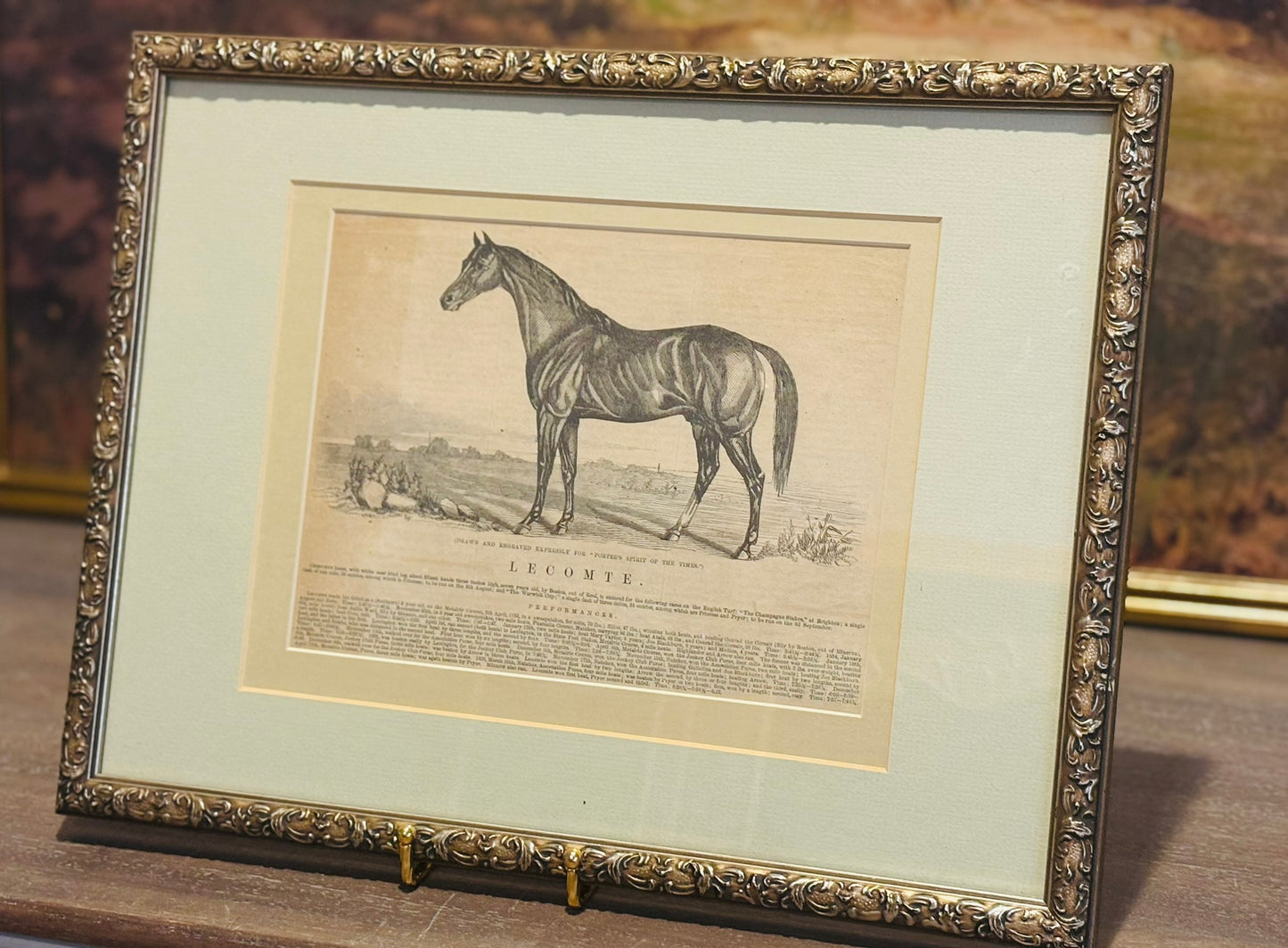 Framed Lecomte Horse Lithograph 13.25 x 17.25