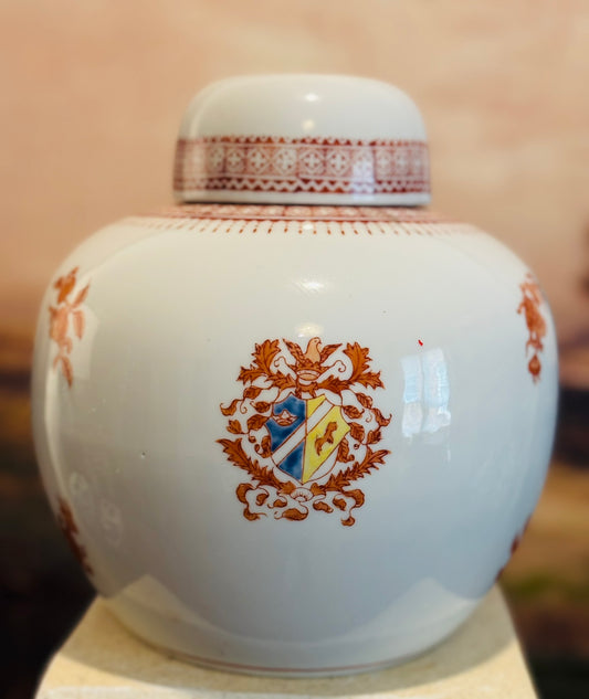 Orange and white crest ginger jar  8 x 8