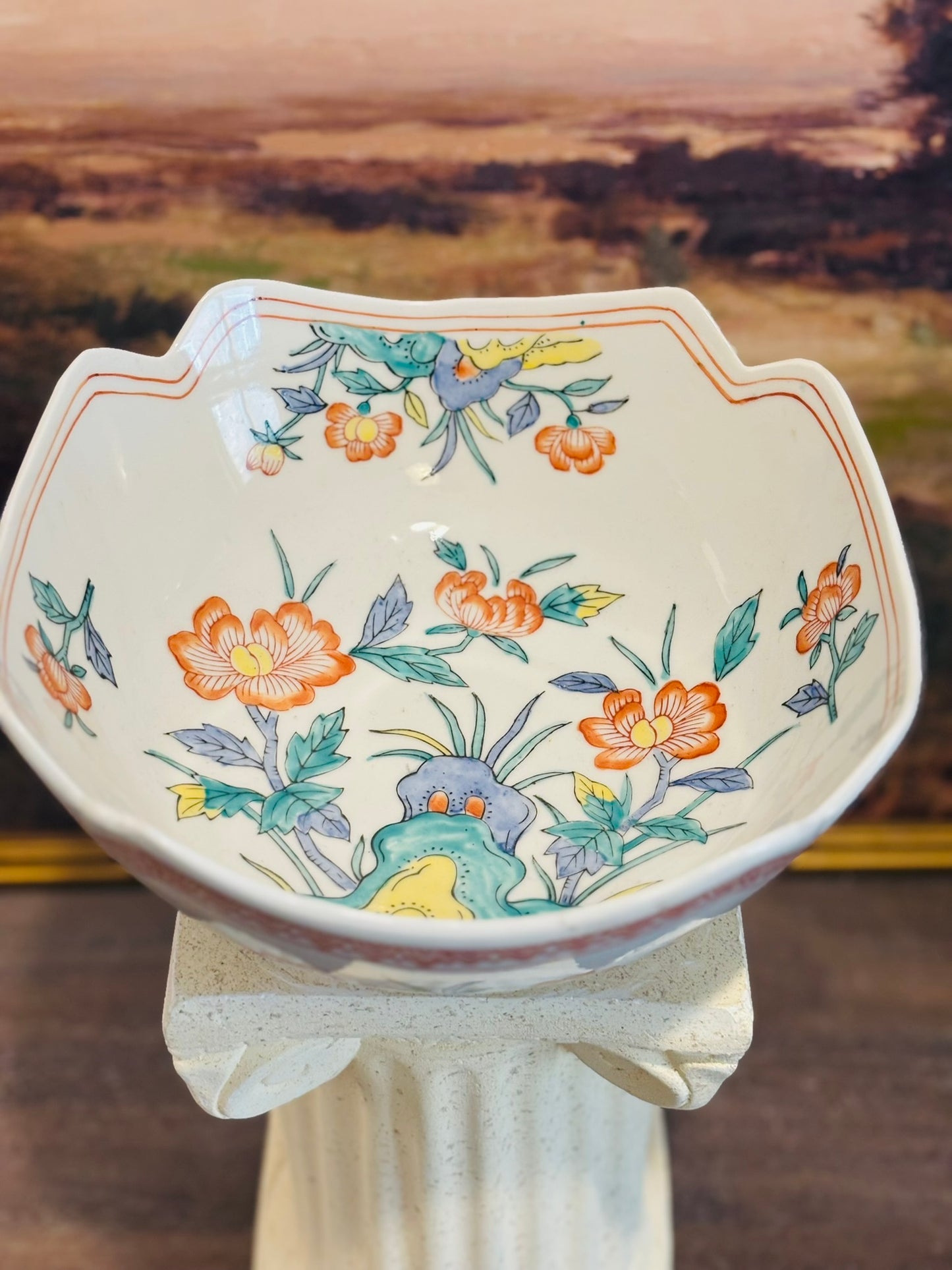 Coral, green floral chinoiserie bowl 9.5 x 4