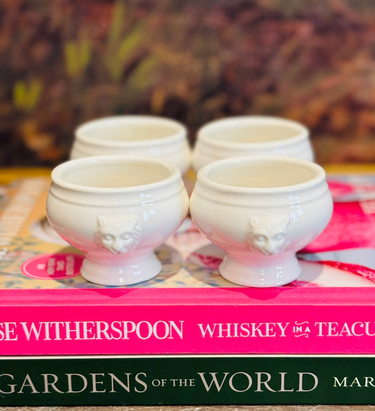 Set of 4 white small lion crocks 3.25 w 2.75 d 2 h