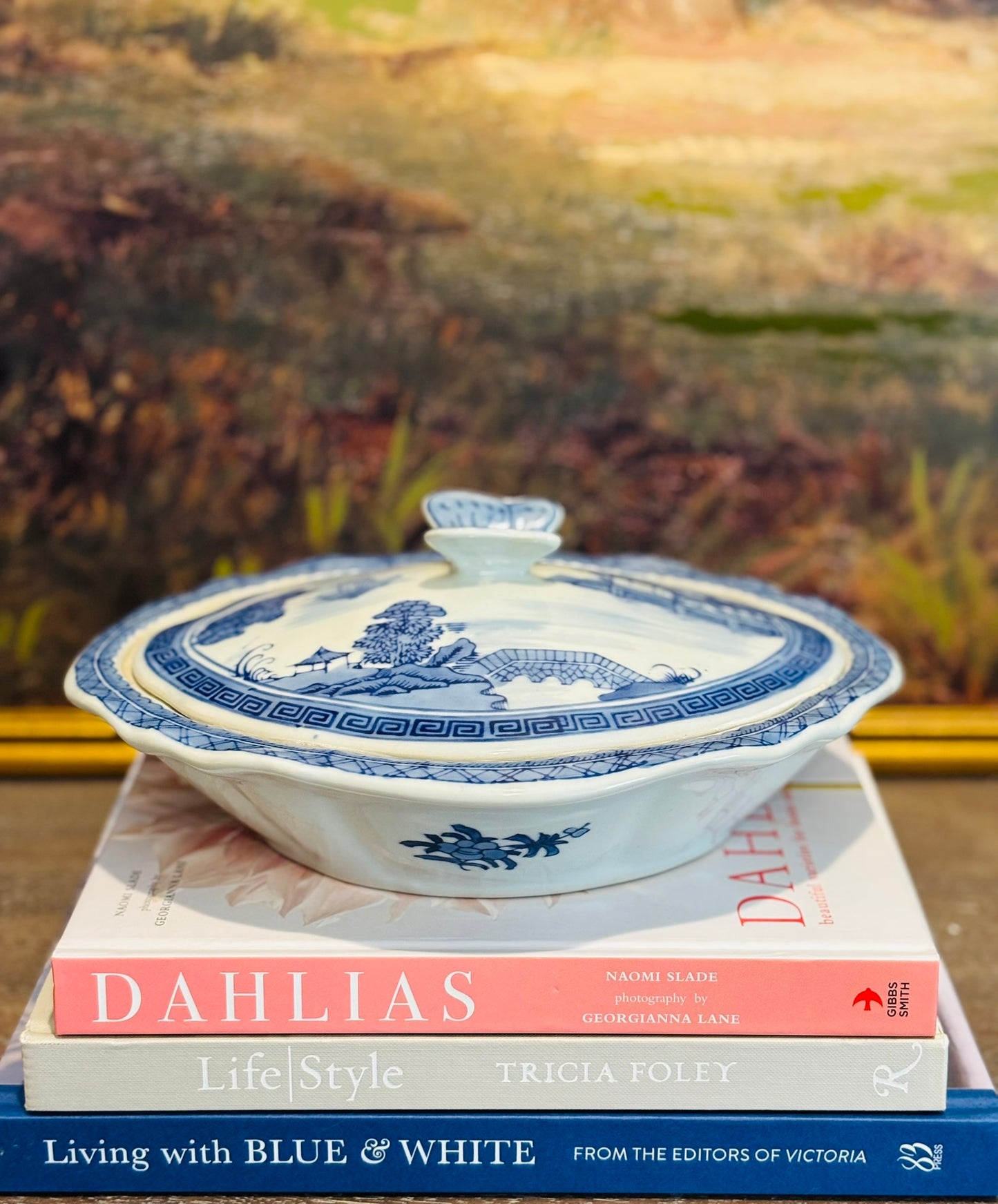 Canton Blue and White Butterfly Covered Dish 10.5 x 9.5 x 3.5