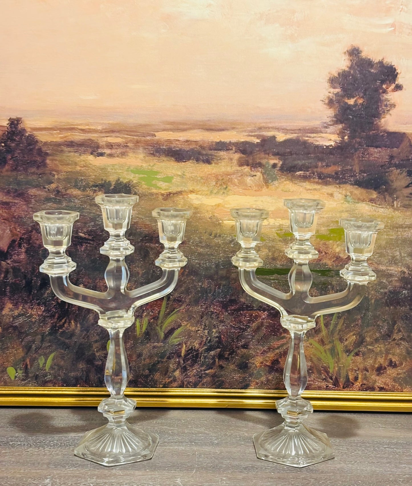 Pair of crystal triple candleholders 12 h 7.5 w 4 d