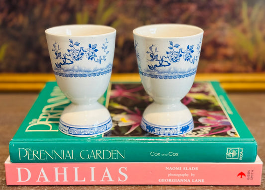 Pair of blue and white quail egg cups 4 h x 2.75 w