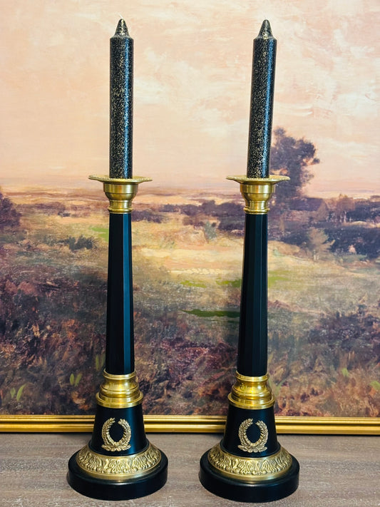 Pair of black and gold neoclassical candlesticks with candles 25 h