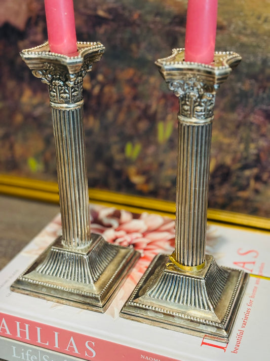 Silverplated column candlesticks  8 x 3.5