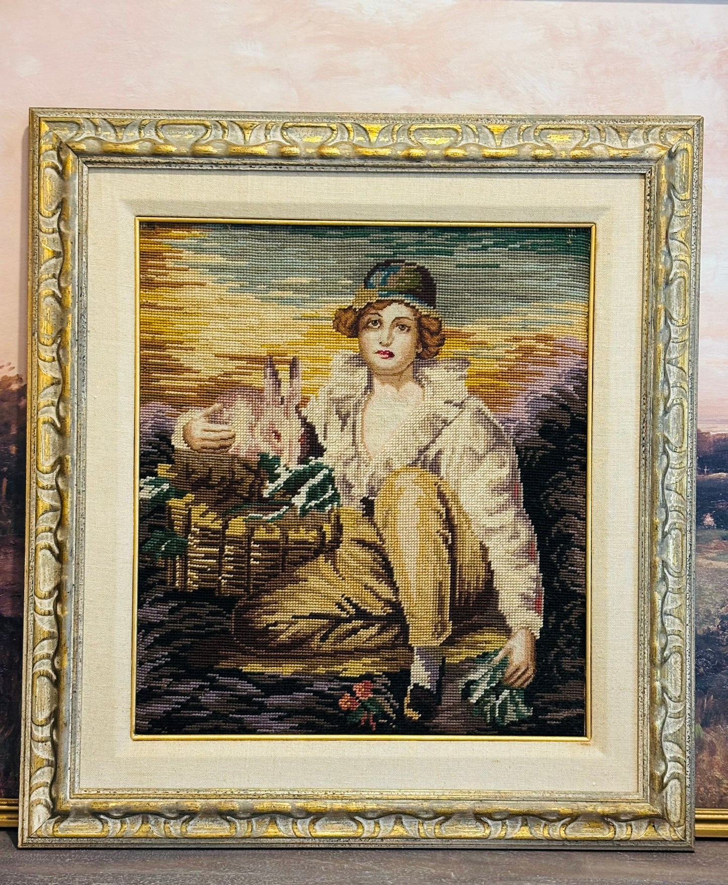 Antique Boy with Rabbit Needlepoint in Ornate Frame 24 x28