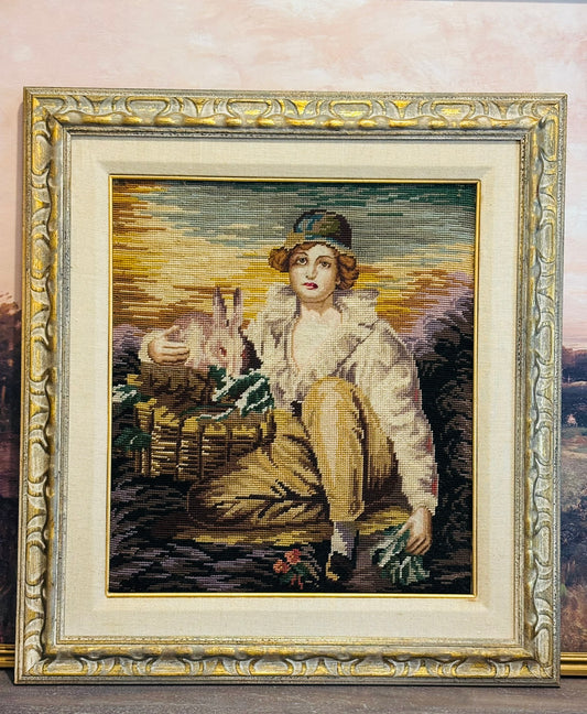 Antique Boy with Rabbit Needlepoint in Ornate Frame 24 x28