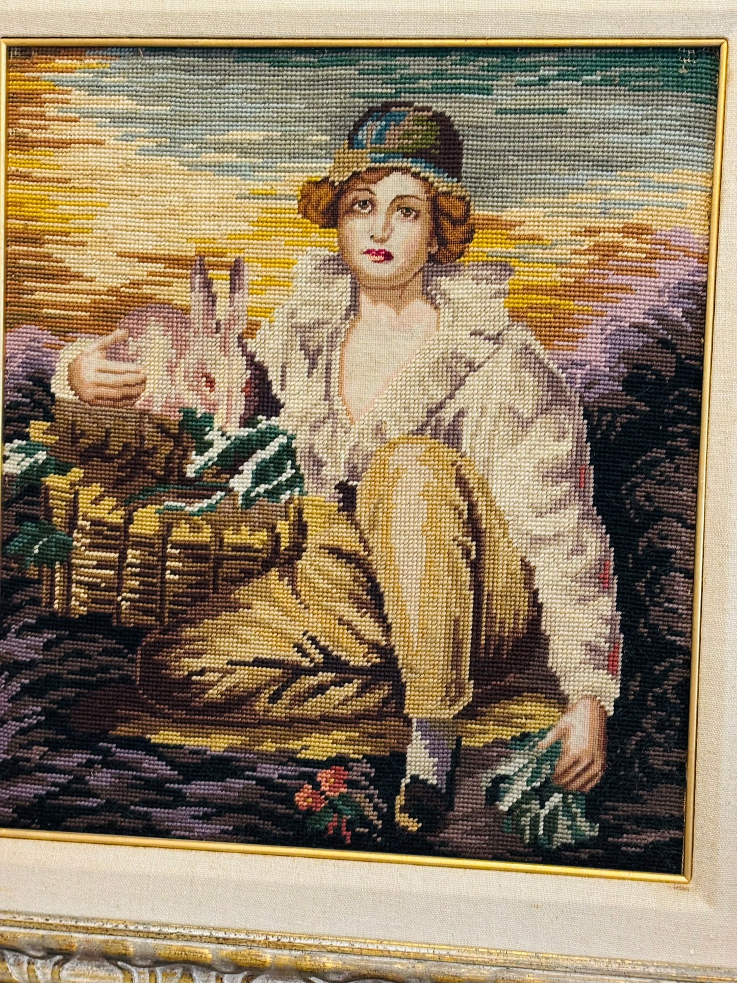 Antique Boy with Rabbit Needlepoint in Ornate Frame 24 x28
