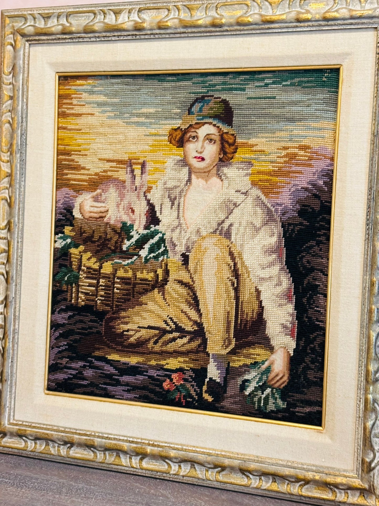 Antique Boy with Rabbit Needlepoint in Ornate Frame 24 x28