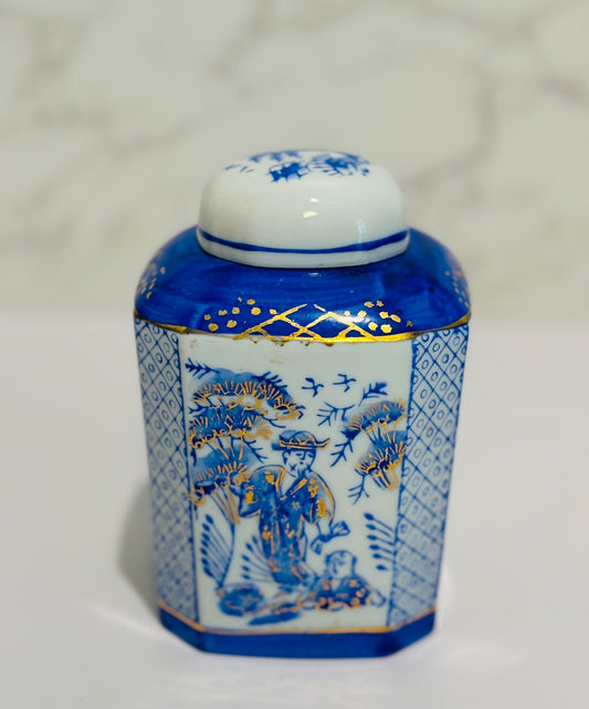 Vintage Blue and white and gold tea caddy 5 h x 3.5 w