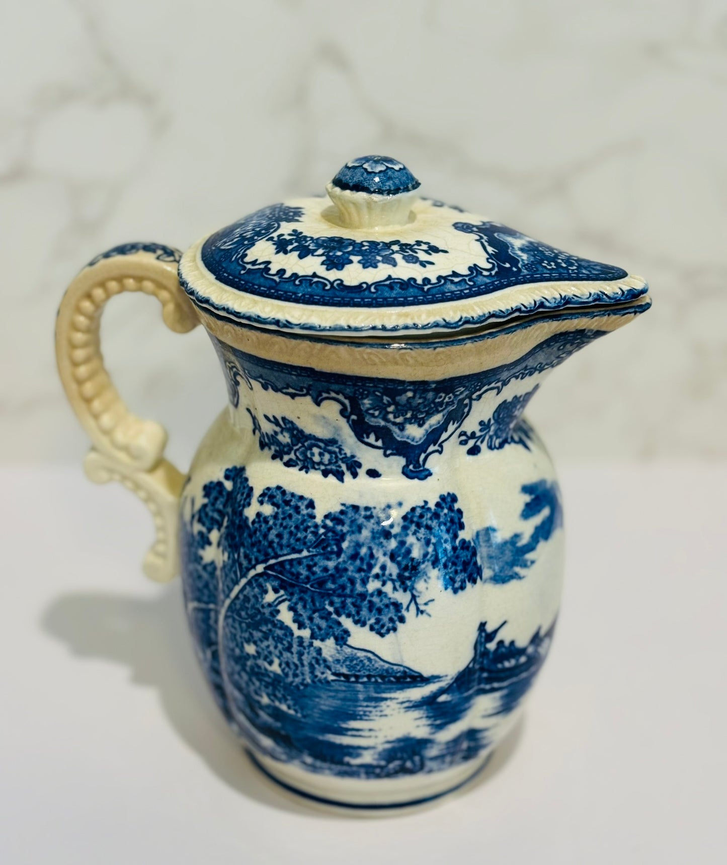 Vintage Blue and White Transferware Pitcher Japan 7.5 h