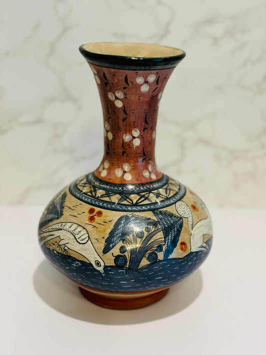 Vintage Tonala Mexican Pottery Vase Hand Painted 10 h 7.5 d