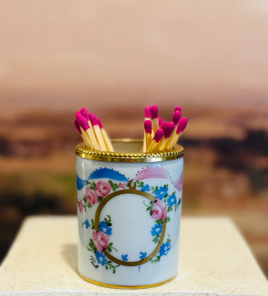 Limoges pink & blue with gold filigree matchstick holder 2.25 x 3