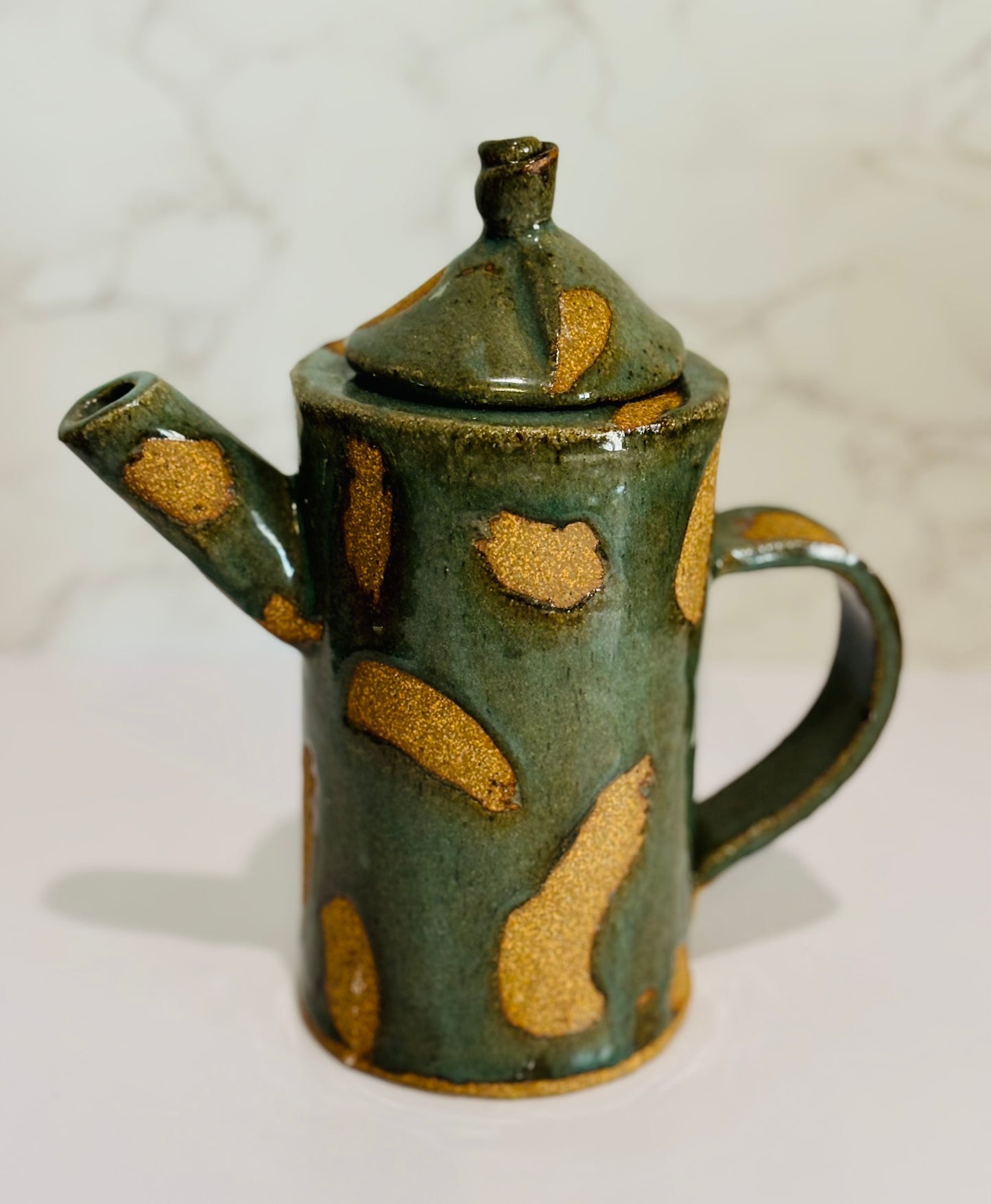 Pottery Green and Tan Splash Teapot 6.5 h