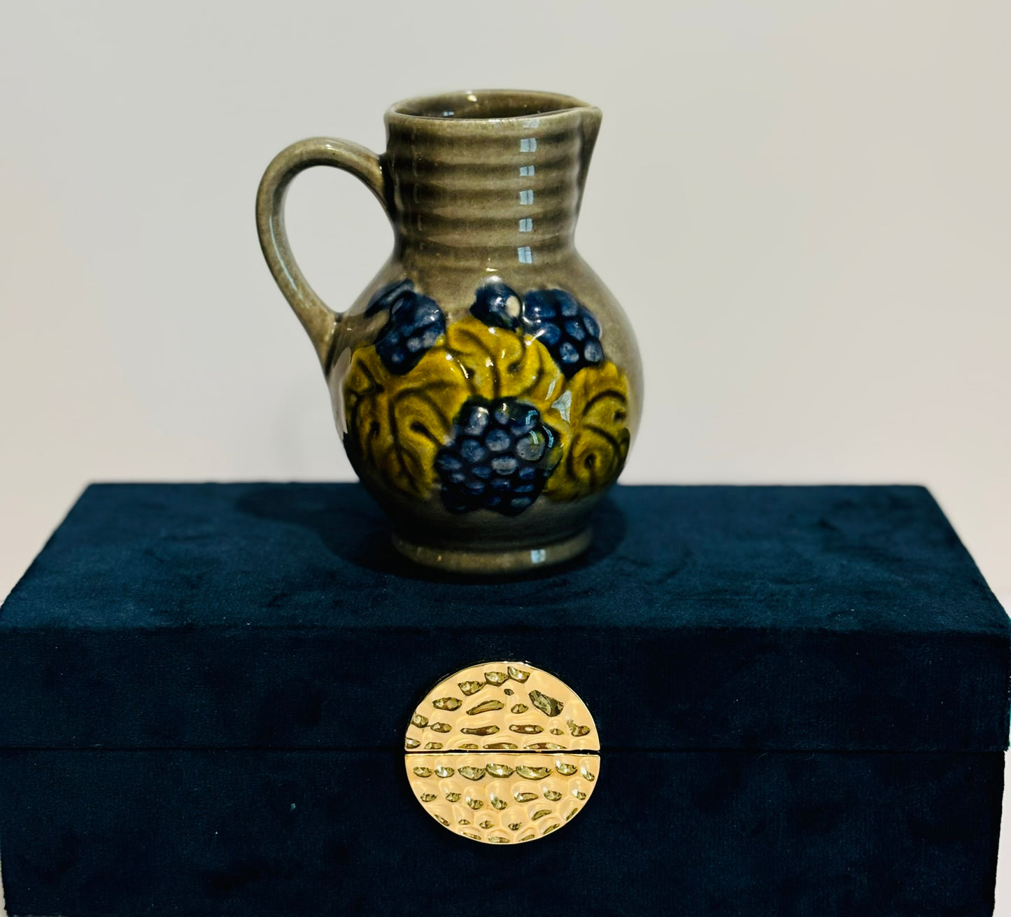 German pottery gray blue and yellow pitcher 4 w x 5 h