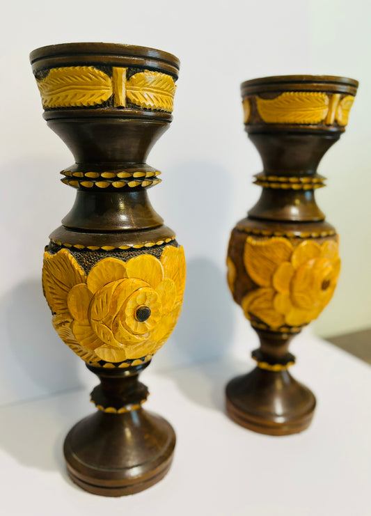 Vintage Etched wood large vases/candlesticks 15.75 h  6 d