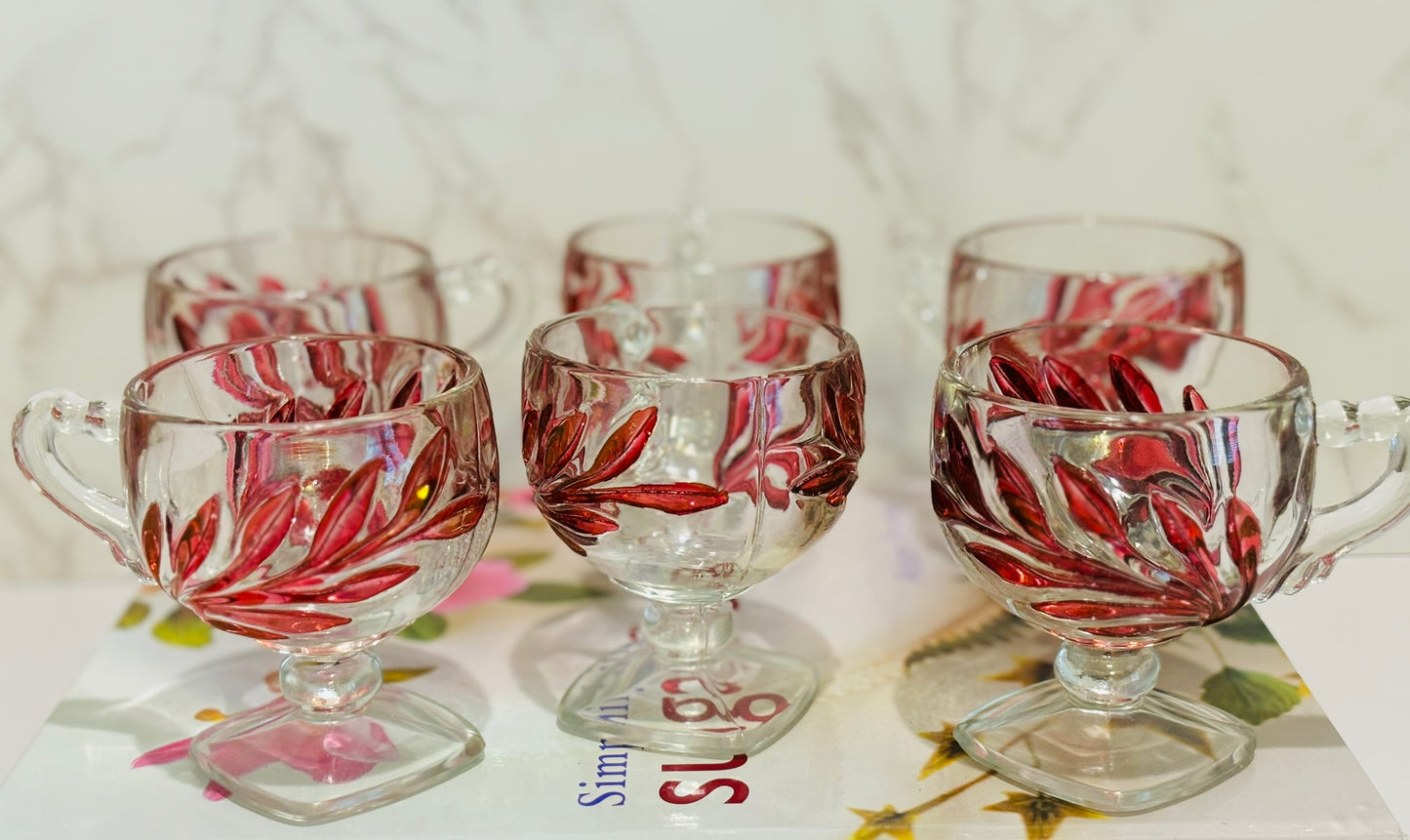 Set of 6 crystal and cranberry glasses (mugs) 3.5 h x 2.5 w Indiana Glass Oleander