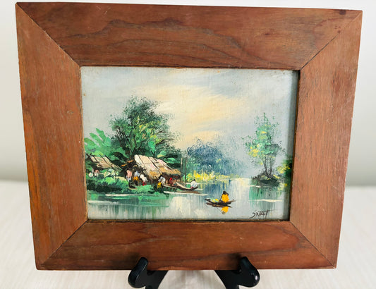Framed Pretty village painting 9.5 h x 11.5 w